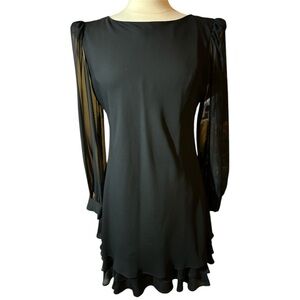 Hampton Nites Vintage Black Dress with Sheer Sleeves tired slight ruffle hem 10